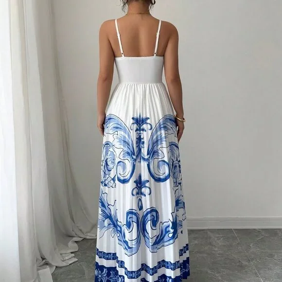 Blue And White Boho Women's Printed V-Neck Ruched Flared Hem Dress - Picture 2 of 6